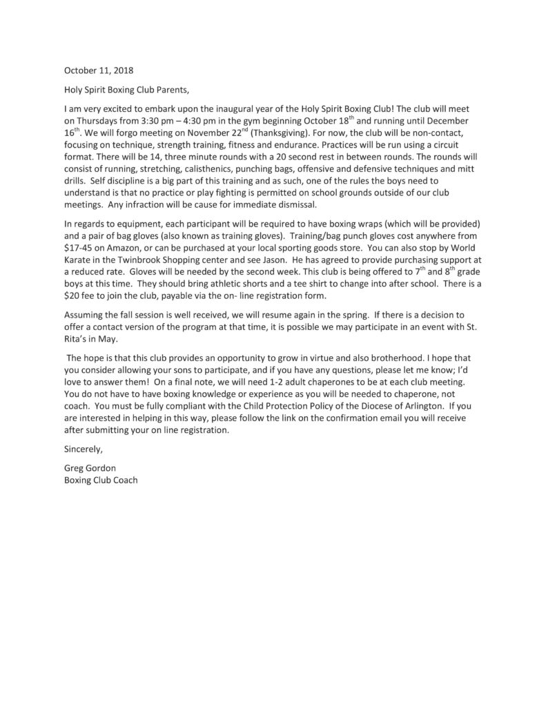 Boxing Club Parent Letter - Holy Spirit Parish