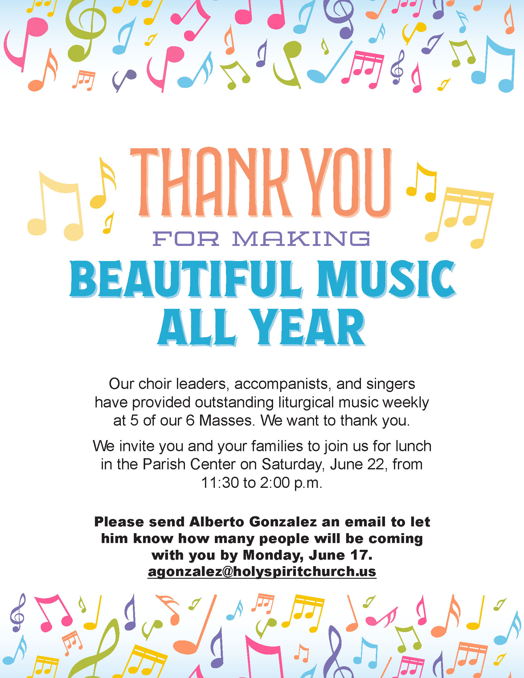 Music Ministry Appreciation Lunch (june 22nd) - Holy Spirit Parish